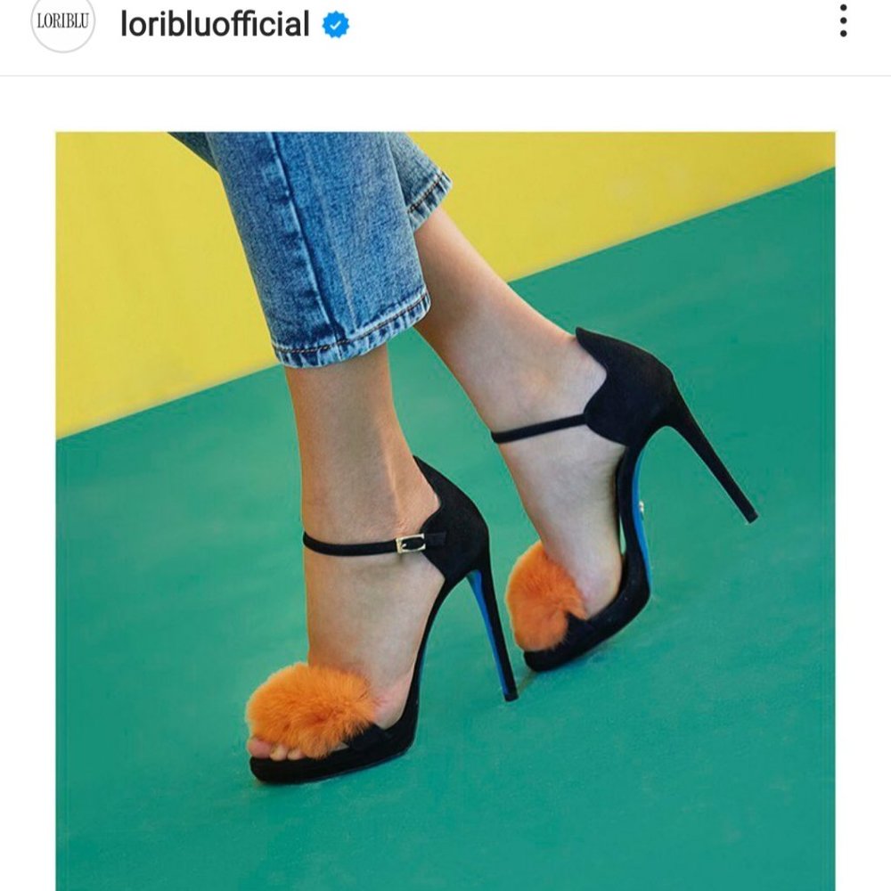 Black Suede High-Heel Sandals with Orange Pom Detail